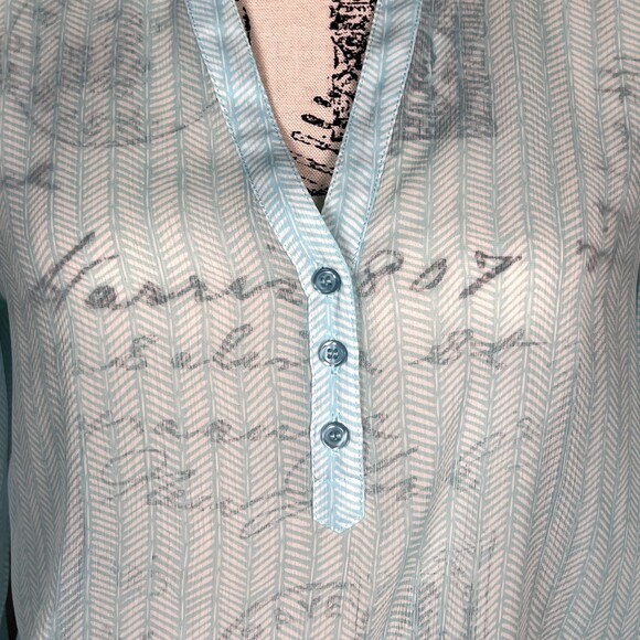 The Limited Sz S Sheer Blouse 3/4 Balloon Sleeve Pale Blue Striped Buttons - Picture 4 of 12